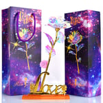 Galaxy Rose Gifts Fake Roses Flowers Gold Eternal Rose Colorful Plastic Forever Flower Birthday Anniversary Engagement Gifts for Women with "love" Stand（With colorful lights）