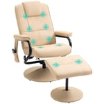 HOMCOM Swivel Recliner Chair and Footstool, Faux Leather Massage Recliner Armchair with Remote Control and Round Wrapped Base, Cream