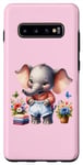 Coque pour Galaxy S10+ Bébé éléphant rose en tenue, fleurs et papillons