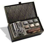 Whiskey Stones & World’s First Eco-Crystal Glass Gift Set - 6 Handcrafted Granite Round Sipping Rocks - European Crafted Iconic Whisky Tumbler (346ml) - Hardwood Presentation Tray - Gold Foil Box