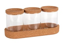 WENKO Boîtes de rangement Apiro, lot de 3 boîtes en verre avec couvercles et plateau en liège pour ranger de petits objets dans la salle de bain ou le bureau, 26 x 12 x 9,5 cm, naturel/transparent