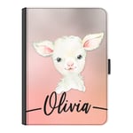Personalised Initial Case For Apple iPad Air (2013) 9.7 inch, White Sheep Lamb with Name/Text, 360 Swivel Leather Side Flip Folio Cover, Lamb Ipad Case with Initials