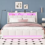 Dubbelsäng 160 x 200 cm i linnetyg - med 2 lådor + LED + USB-uttag - Beige