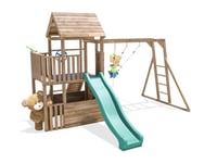 Wooden Kids Monkey Bars With Double Swing Set and Green Slide BalconyFort 4x3.5M