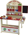 roba Marchande Enfants Tante Emma avec + de 100 Pièces d'Accessoires - une Vraie Caisse Enregistreuse et Haut parleur - Horloge et Tableau à Craie - Rouge / Naturel
