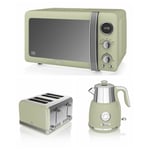 Swan Kitchen Retro GREEN Digital Microwave 1.5L Kettle w Dial & 4 Slice Toaster
