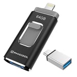 Clé USB 3.0 PHICOOL iPhone 64 Go Flash Drive avec Connecteur Extension de Stockage Mémoire Stick pour iOS OTG Andriod Appareils et M