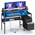 VASAGLE Bureau Gaming avec Lumières LED et Multiprise, Bureau Informatique avec Support d'Écran, Table avec Rangement, 2 Tiroirs en Tissu, 2 Ports USB, pour Bureau, Noir Boisé LWD094B56