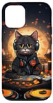 Coque pour iPhone 12/12 Pro Mignon noir anime chat dj casque platine raves EDM musique