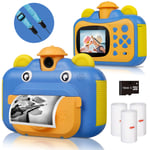 Kids Camera, Print Camera for Kids, 1080P HD Video Camera with 2.4 Inch Screen, Instant Camera, Black and White Photo Camera with 16 GB SD Card and 3 Rolls of Printing Paper (Yellow)