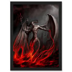 Painting Devil Demon Fire Chain Trident Wings Horns Monster A4 Artwork Framed Wall Art Print