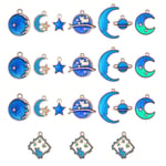 24Pcs Blue Enamel Moon Star Planet Charms Collection, Assorted Gold Plated Enamel Cat Moon Star Earth Planet Charms, Mix Metal Pendant Supplies Findings for Jewelry Making