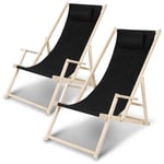 Chaise longue pliante en bois Chaise de plage 3 positions Chilienne transat jardin exterieur noir Avec mains courantes 2 pièces - noir