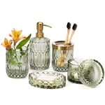 EMPO 6pcs Accessoires de Salle de Bain en Verre Transparent (Distributeur de Savon, Porte-Savon, Porte-Brosse à Dents, Gobelet, Pot à Cotons-Tige), Décoration Moderne Cristal Vintage (Vert)