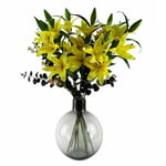 Artificial Flower Arrangement  100cm Yellow Lily Black Eucalptus with Glass Ball Vase