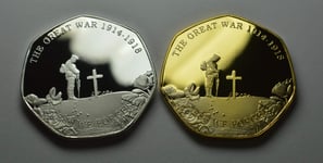 The Commemorative Coin Company Pair of WW1 ARMISTICE Silver and 24ct Gold Commemoratives. Lest We Forget, Remember the Fallen, The Great War 1914-1918, Remembrance