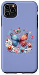 Coque pour iPhone 11 Pro Max Illustration inspirée de la nature avec papillon coloré et floral bleu