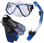 Two Bare Feet 3PC PVC ADULTS Fins Mask and Snorkel Snorkelling set,with Impact Resistant Tempered Glass Snorkeling Mask,Blue,S/M,Blue,S/M (Color : Blue, Size : ML/XL)