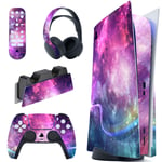playvital Purple Galaxy Full Set Skin Decal for ps5 Console Disc Edition,Sticker Vinyl Decal Cover for ps5 Controller & Charging Station & Headset & Media Remote