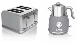 Grey Kettle Toaster Set 1.5L 3000W Fast Boil Temperature Dial 4 Slice SWAN Retro