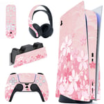 playvital Cherry Blossoms Petals Full Set Skin Decal for ps5 Console Disc Edition,Sticker Vinyl Decal Cover for ps5 Controller & Charging Station & Headset & Media Remote