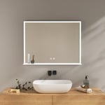 EMKE Miroir LED Salle de Bain 80x60cm, Miroir Mural avec étagères, Miroir LED avec Interrupteurs Tactile et Fonction Anti-buée et lumière Froide 6500K, Luminosité réglable