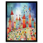 Celebration Day Cityscape Processional Street Folk Art Watercolour Painting Art Print Framed Poster Wall Decor 12x16 inch