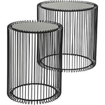 Kare Design Side Table Wire, Black, set of two, steel rack, safety glass tabletop, round, modern bed side table for bedroom, living room, office, Ø 44cm