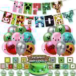 Minecraft Tema Barnkalas Dekorationer Tillbehör Kit Ballonger Banner Tårtdekorationer Set (FMY)
