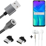 Magnetic charging cable + earphones for Huawei Honor 20 Lite + USB type C a. Mic