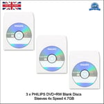 3 x Philips DVD+RW 120min 4x Speed Blank Media Discs 4.7GB Rewritable Sleeve