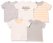 Amazon Essentials Baby Boys' Short-Sleeve Tee, Pack of 5, Dark Grey Carrots/Grey Heather/Off-White/Orange Rugby Stripe/Rabbit, 18 Months