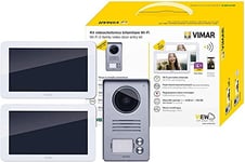 Vimar K40946 Kit interphone vidéo bifamilial intelligent avec 2 écrans tactiles mains libres, plaque audiovidéo 2 boutons avec cadre anti-pluie, 2 alimentations multiprises