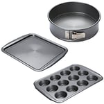 Circulon Momentum Non Stick Bakeware Set of 3 with Square Baking Tray, Springform Cake Tin & Muffin Tin - Grey Steel, Dishwasher Safe Baking Set