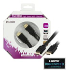 DELTACO platt HDMI kabel, HDMI High Speed with Ethernet, 1.5m, svart