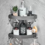 Badrumshörnhylla Grå Limdusch Caddy Organizer Rymd Aluminium Väggmonterade Badhyllor Ingen Borrning med Krokar för Våtrum - 2 Pack Gray