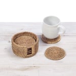 URU Rattan Round Coasters Set of 6 with Holder by Dia12cmX H 6cm (Natural)
