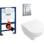 Komplet pakke med Villeroy & Boch O.Novo Compact væghængt toilet, GROHE cisterne, betjeningsplade og softclose sæde