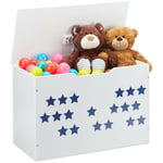 Coffre à jouets avec couvercle, rangement pour enfant, design étoilé, caisse à jeux, 40x60x30 cm, blanc/bleu - Relaxdays