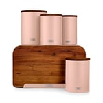 Tower T826140PCLY Scandi 5 Piece Acacia Wood Storage Set with Bread Bin, Biscuit Barrel, Canisters, Pink Clay