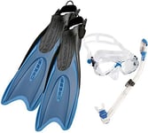 Cressi Palau Fins, Blue-UK (2.5-5) with Marea Snorkeling Mask, Blue and Ultra Dry Diving Snorkel, Clear/Azure