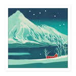 The Red House Norway Fjords Winter Mountains Night Sky Stars Snow Hills Square Framed Wall Art Print Picture 16X16 Inch