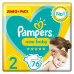 Pampers New Baby Size 2 Nappy 4-8Kg Topsheet Stretchy - Jumbo+ Pack 76 Nappies
