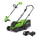 Greenworks Electric Lawn Mower 24V 33cm 30L Grass Catcher Box GD24LM33 and Cordless Grass Trimmer 25cm G24LT25 Auto Feed Head incl. 1 Battery 4Ah & Charger