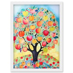 Apple Tree Fruit Harvest Day Folk Art Bright Watercolour Painting Artwork Framed Wall Art Print A4