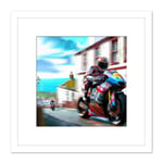 Isle of Man Tt Races Motorbike Motorsport Watercolour Street Scene Square Wooden Framed Wall Art Print Picture 8X8 Inch