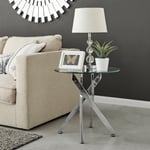 Novara Round Tempered Glass Side End Table with Angled Starburst Metal Legs for Modern Glam Minimalist Living Room