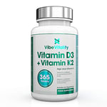 Vitamin D3 & K2 - High Strength Vitamin D 1000IU and Vitamin K2 MK7 100mcg Supplements - 365 Vegetarian Tablets - UK Made Vitamins for Bones, Muscle, Teeth, Blood Calcium, Immune System Support