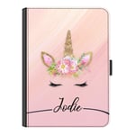 Personalised Initial Ipad Case For Apple iPad Air 4 (2020) 10.9 inch, Pink Mable Unicorn with Custom Black Name Line, 360 Swivel Leather Side Flip Wallet Folio Cover, Unicorn Ipad Case