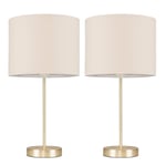 Pair of - Modern Standard Table Lamps in a Gold Metal Finish with a Beige Cylinder Shade - Complete with 4w LED Candle Bulbs [3000K Warm White]